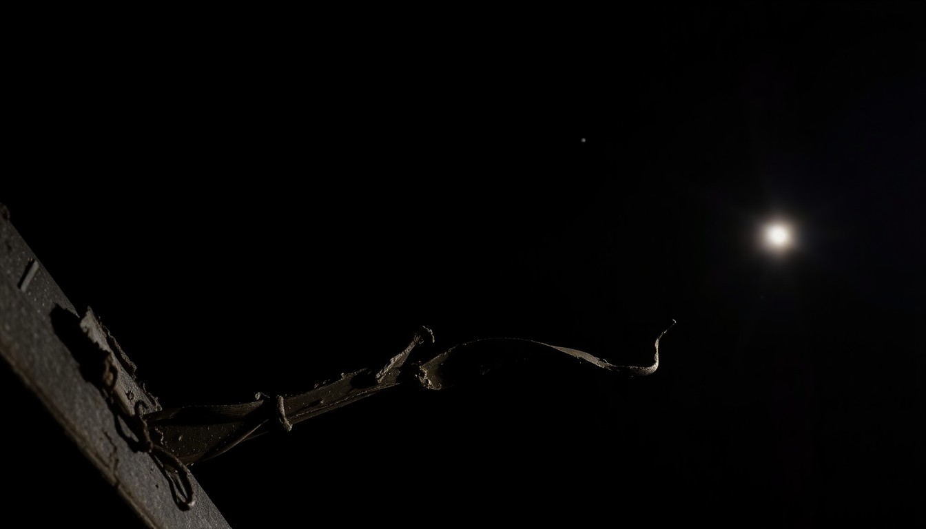 An extreme close-up of a twisted, mangled steel beam from the collapsed parking garage, capturing the stark, gritty details of the wreckage in harsh, dramatic lighting.