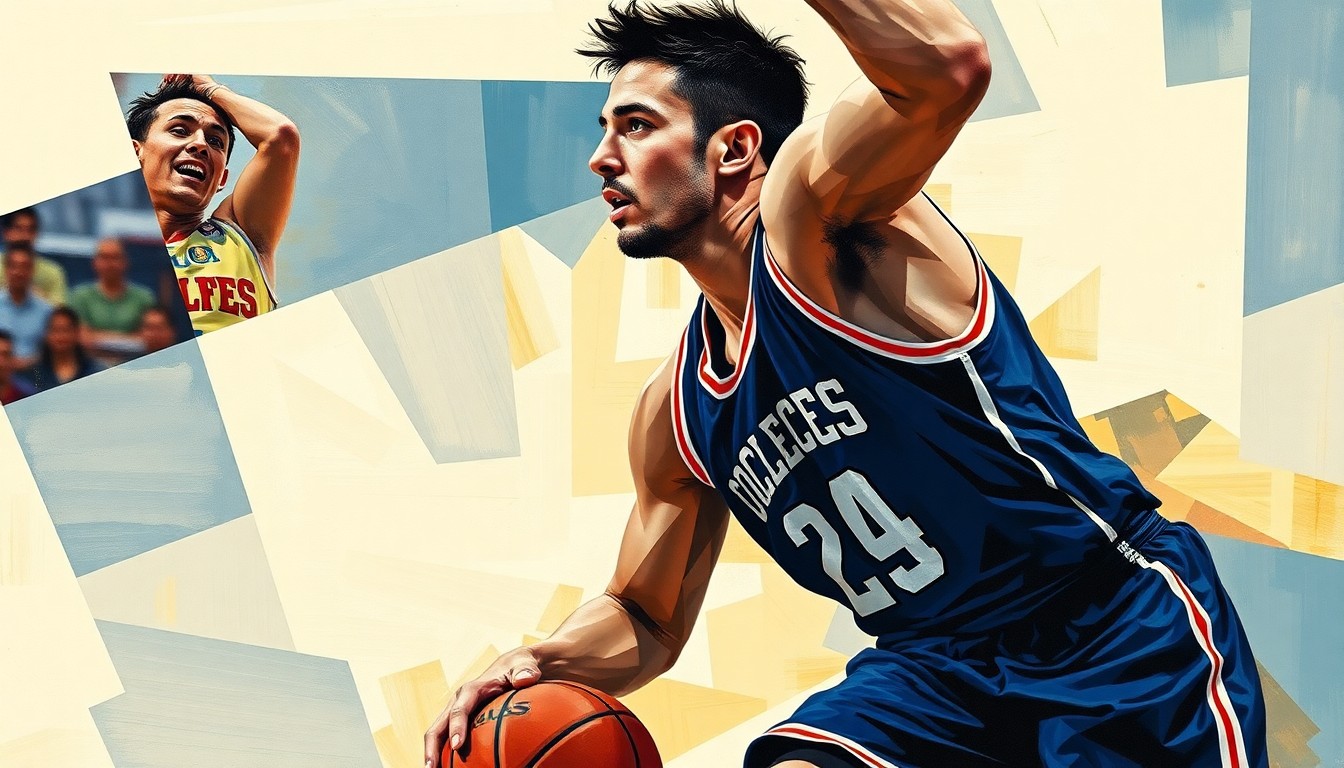 A cubist, geometric painting depicting the dynamic movements and actions of a college basketball player, with the player's face and jersey abstracted into sharp, overlapping planes of color and form.