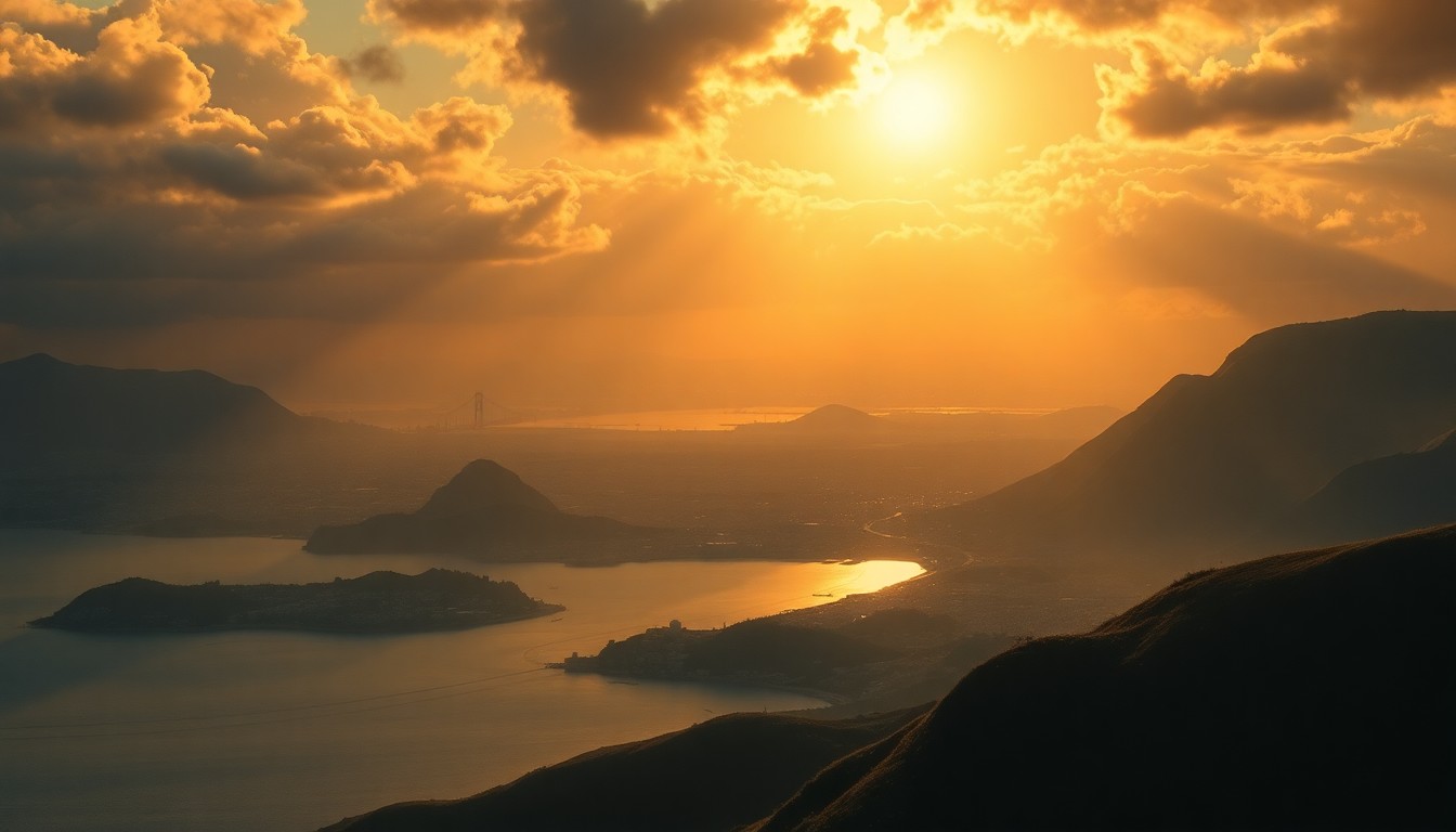 A sweeping, atmospheric landscape painting depicting the San Francisco Bay Area under a dramatic, sunlit sky, with the city and surrounding hills dwarfed by the overwhelming natural beauty of the environment.