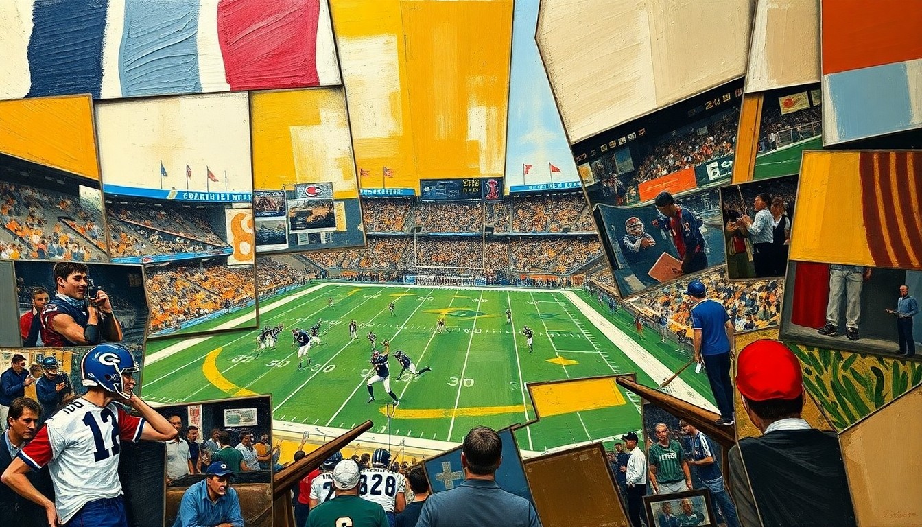 A fragmented, geometric painting depicting the dynamic movements and collisions of a football game, with players and the field broken down into sharp, overlapping shapes and planes of color.