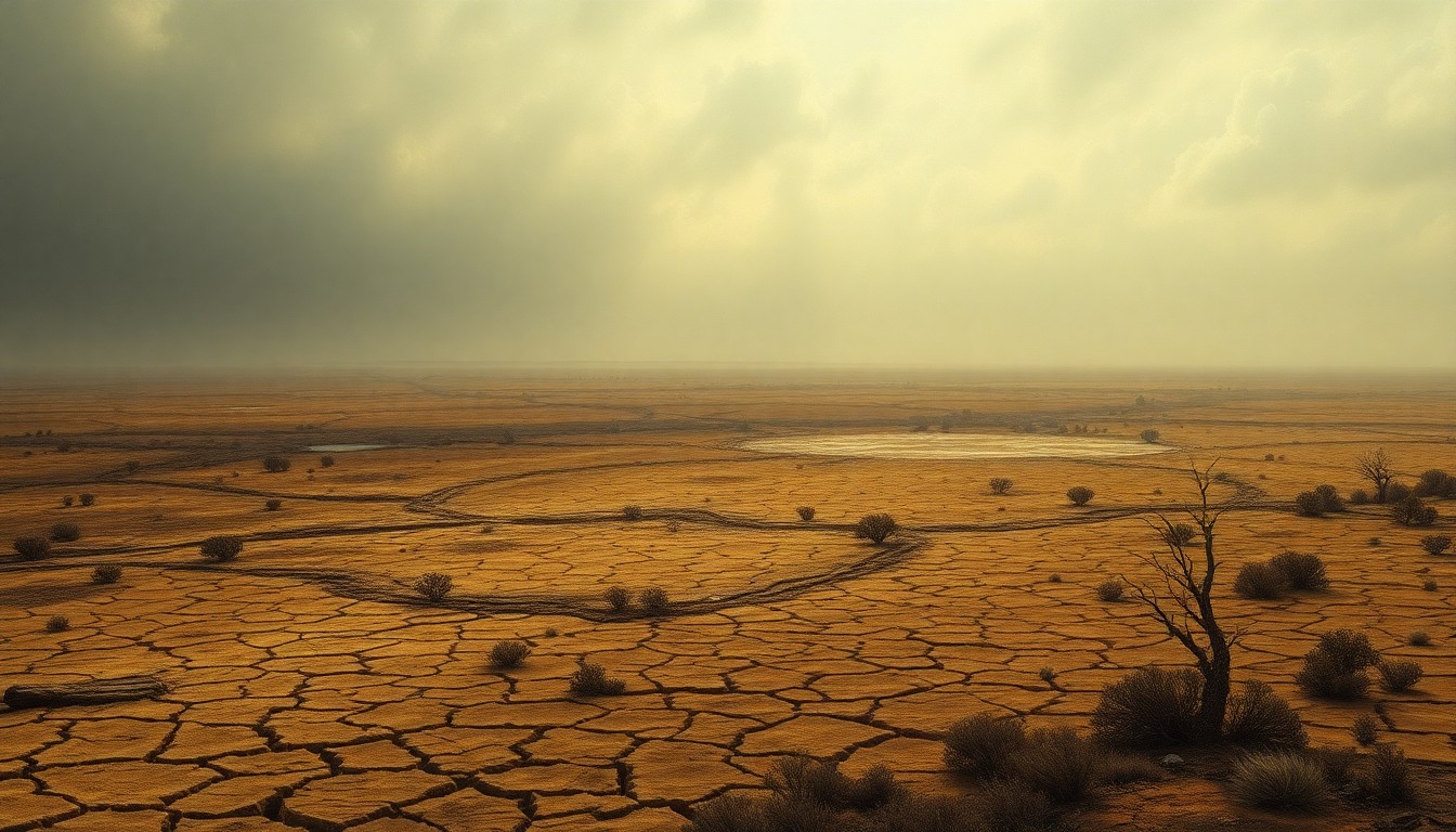 A sweeping, atmospheric landscape painting in muted earth tones, depicting a vast, barren expanse of cracked ground and withered vegetation under a hazy, oppressive sky, conveying the overwhelming scale and melancholy of the drought crisis.