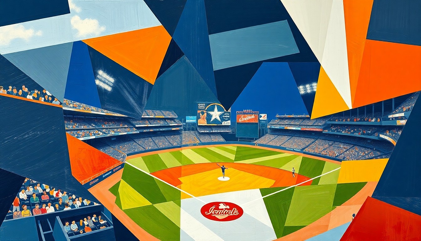 A cubist-style painting depicting a baseball game broken down into overlapping geometric shapes and planes in navy, orange, and white, conveying the energy and intensity of the Tigers' victory over the Marlins.
