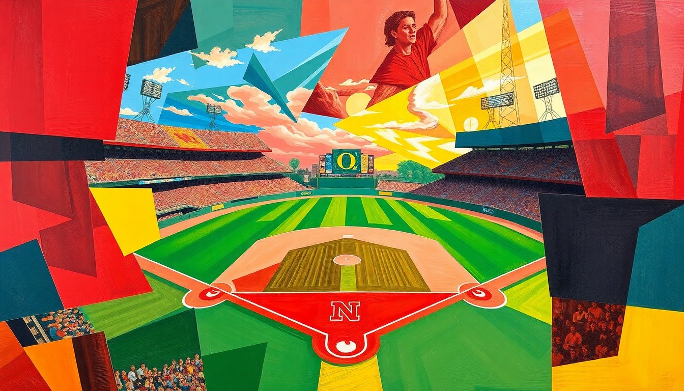 A cubist-style painting depicting a baseball game broken down into sharp, overlapping geometric shapes and planes in vibrant colors, conveying the intensity and physicality of the Nebraska-Oregon matchup.