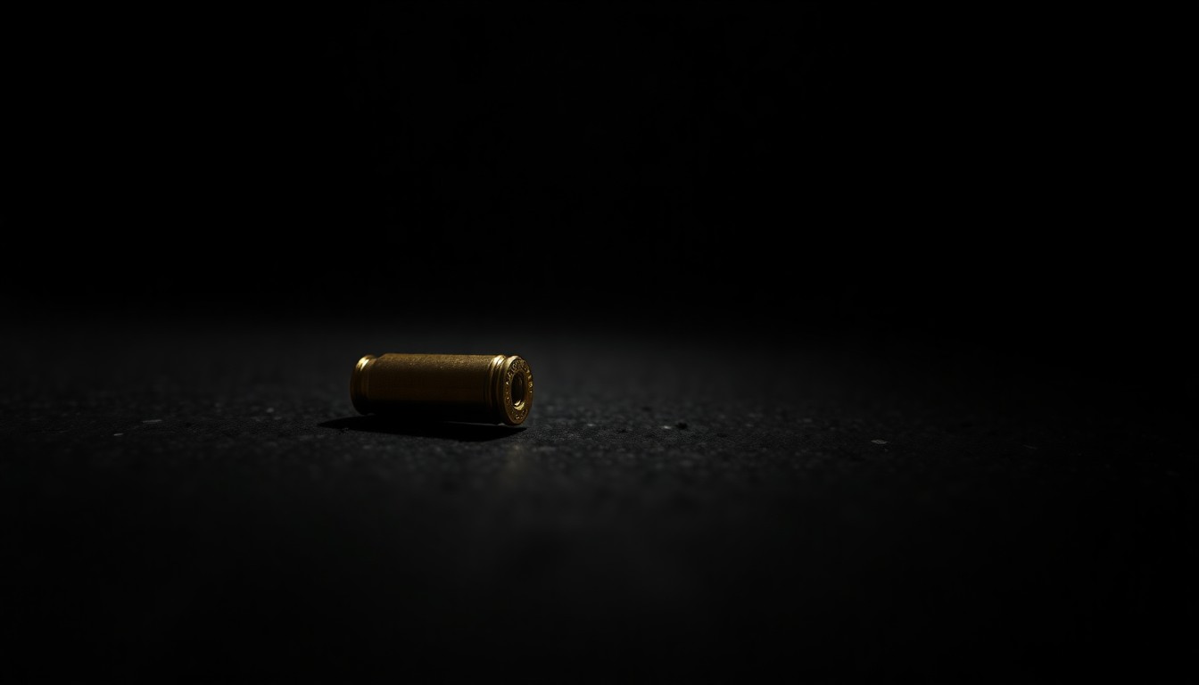 An extreme close-up photograph of a single bullet casing on a dark surface, lit by a harsh, direct camera flash, conceptually illustrating the aftermath of a violent crime.