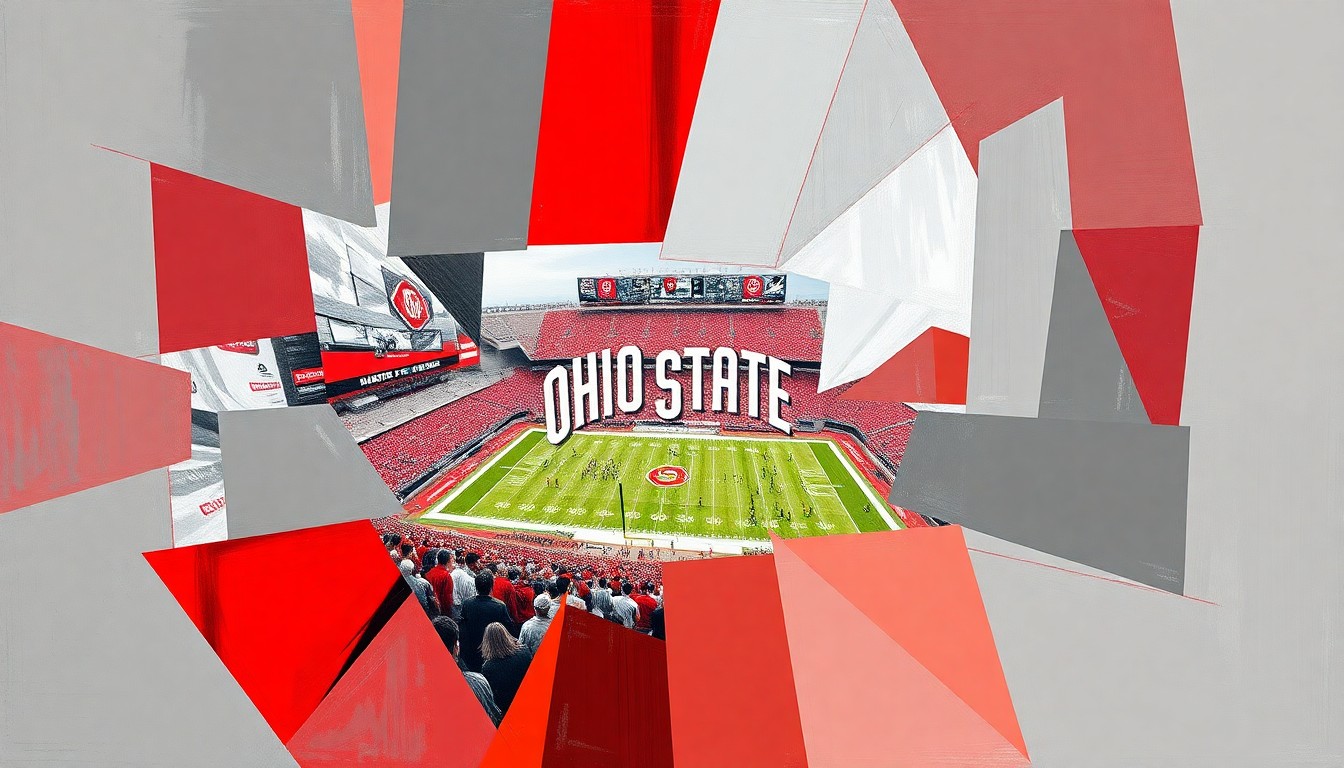 A fragmented, geometric painting in shades of scarlet and gray, capturing the energy and movement of an Ohio State sporting event through Picasso-esque abstraction.