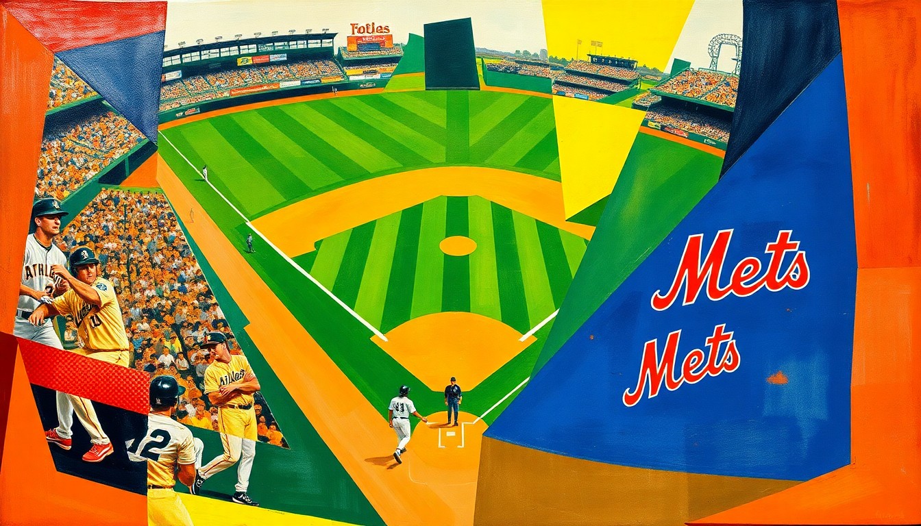 A cubist, geometric painting featuring abstracted baseball players and field in the Athletics' green and gold and the Mets' blue and orange colors, capturing the energy and movement of the game.