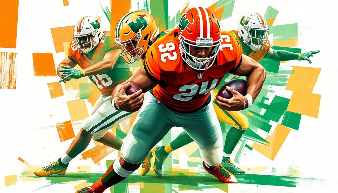 A fragmented, geometric painting in bright orange, green, and white hues depicting the overlapping movements and techniques of a college football defensive lineman, conveying the complex and multifaceted nature of elite pass rushing abilities.