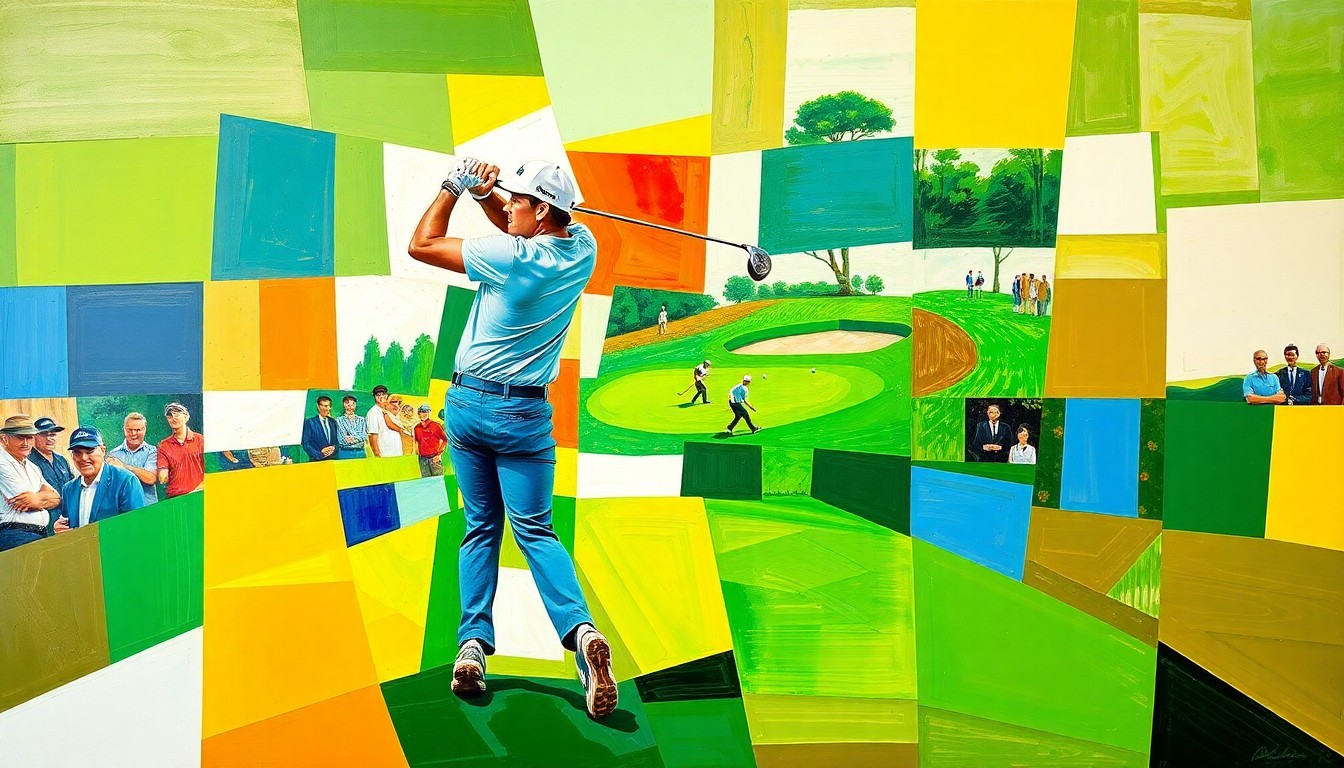 A fractured, cubist-style painting depicting the motion and energy of a golfer's swing, with the iconic Masters tournament landscape broken down into overlapping geometric shapes and planes in a vibrant color palette.
