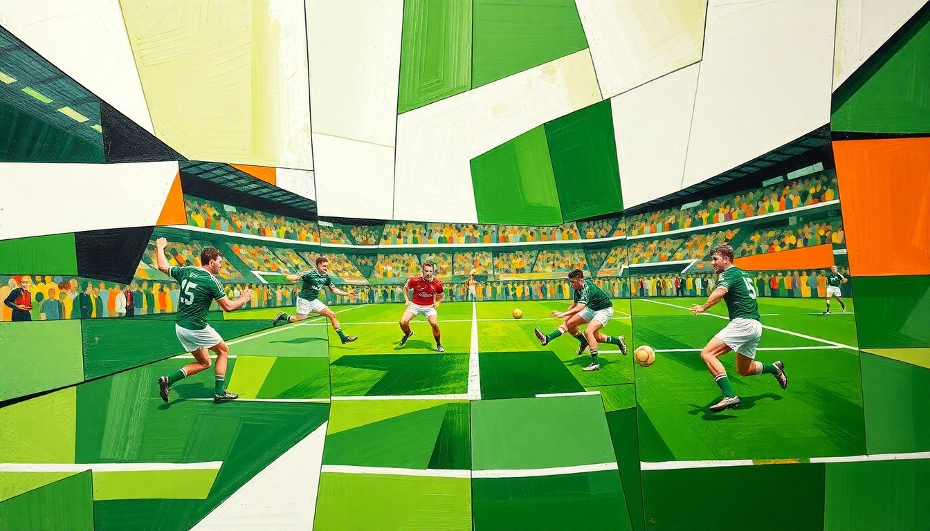 A cubist, geometric painting depicting a Gaelic football match, with the players and field broken down into sharp, overlapping planes of vibrant green, white, and orange colors.