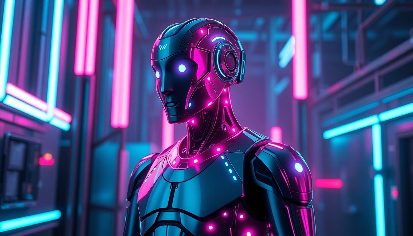 A highly detailed, glowing 3D illustration of a sleek, metallic humanoid robot standing in a futuristic, neon-lit industrial setting, conceptually representing the advanced AI and robotics technology powering the next generation of collaborative robots.