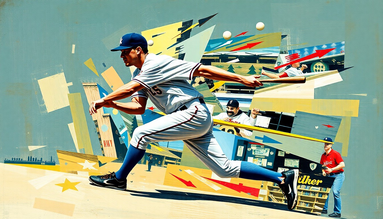 A cubist-style painting depicting a baseball player's motion broken down into sharp, overlapping geometric shapes and planes, conveying the physical strain and fragility of professional athletes.