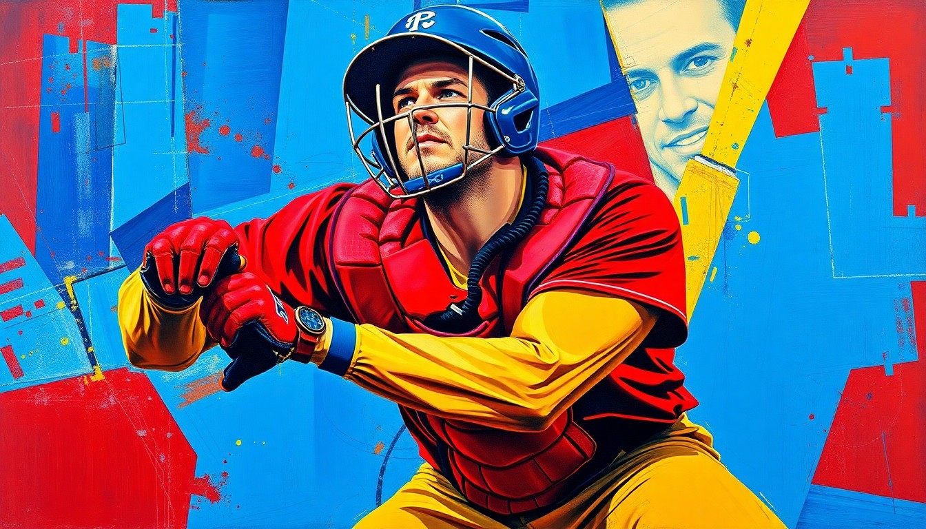 A fractured, multi-perspective painting in a cubist style, breaking down a baseball catcher's movements and equipment into sharp, overlapping geometric planes in vibrant colors like cobalt blue, crimson red, and golden yellow, conceptually representing the intricate defensive skills of the position.