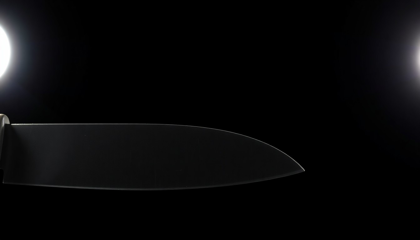 An extreme close-up of a sharp knife blade against a dark background, conceptually representing the violence of a road rage stabbing incident.