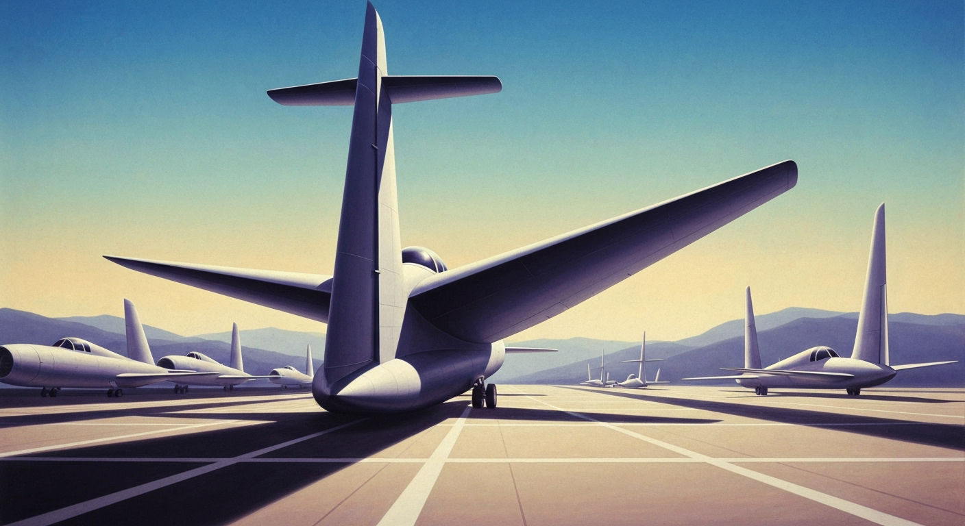 A highly stylized, geometric illustration depicting the towering silhouette of an aircraft against a dramatic, gradient-filled sky, conceptually representing the technical complexity and gravity of a fatal plane crash investigation.