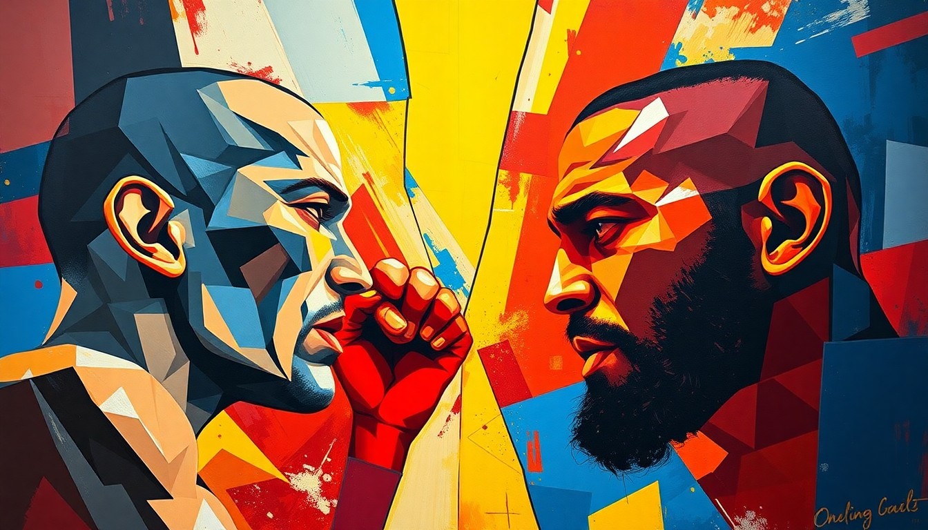 A fragmented, geometric painting in bold colors depicting a UFC match between two fighters, with their forms and movements broken down into sharp, overlapping planes, creating a dynamic and conceptual representation of the sport.
