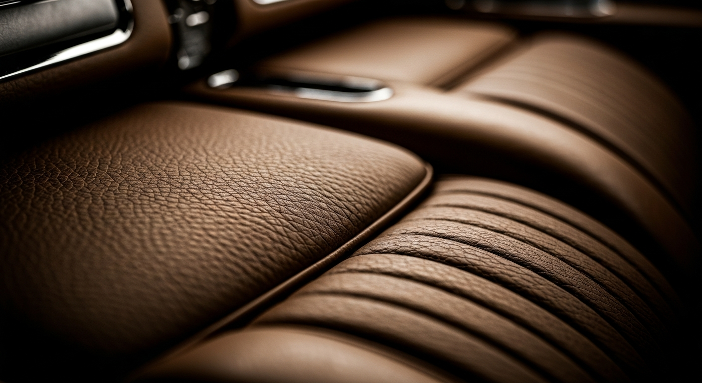 An extreme close-up of a pebbled leather car seat, the warm, earthy tones and dramatic lighting conveying the personal, human-centric approach that defined Lyn Bannister's automotive business.