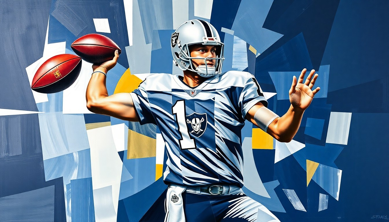 A cubist-style painting depicting a quarterback's throwing motion broken down into sharp, overlapping geometric shapes in navy, silver, and gold tones, representing the Raiders' team colors and the analytical perspective Mayock brings to evaluating Mendoza's NFL potential.