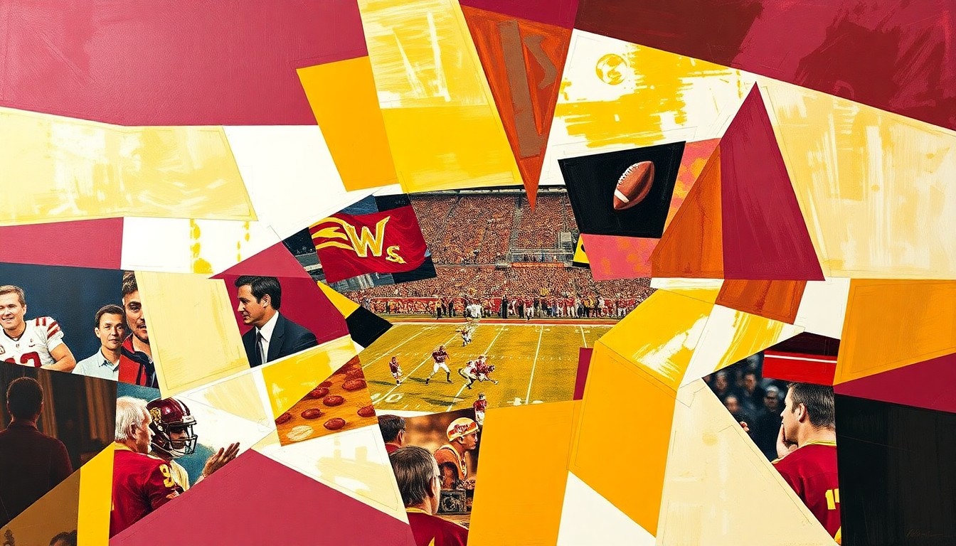 A fragmented, multi-angled painting depicting a football game or NFL draft scene, with sharp, overlapping shapes in the Commanders' official colors of burgundy, gold, and white, conveying the complexity and strategic nature of the team's approach to the draft.