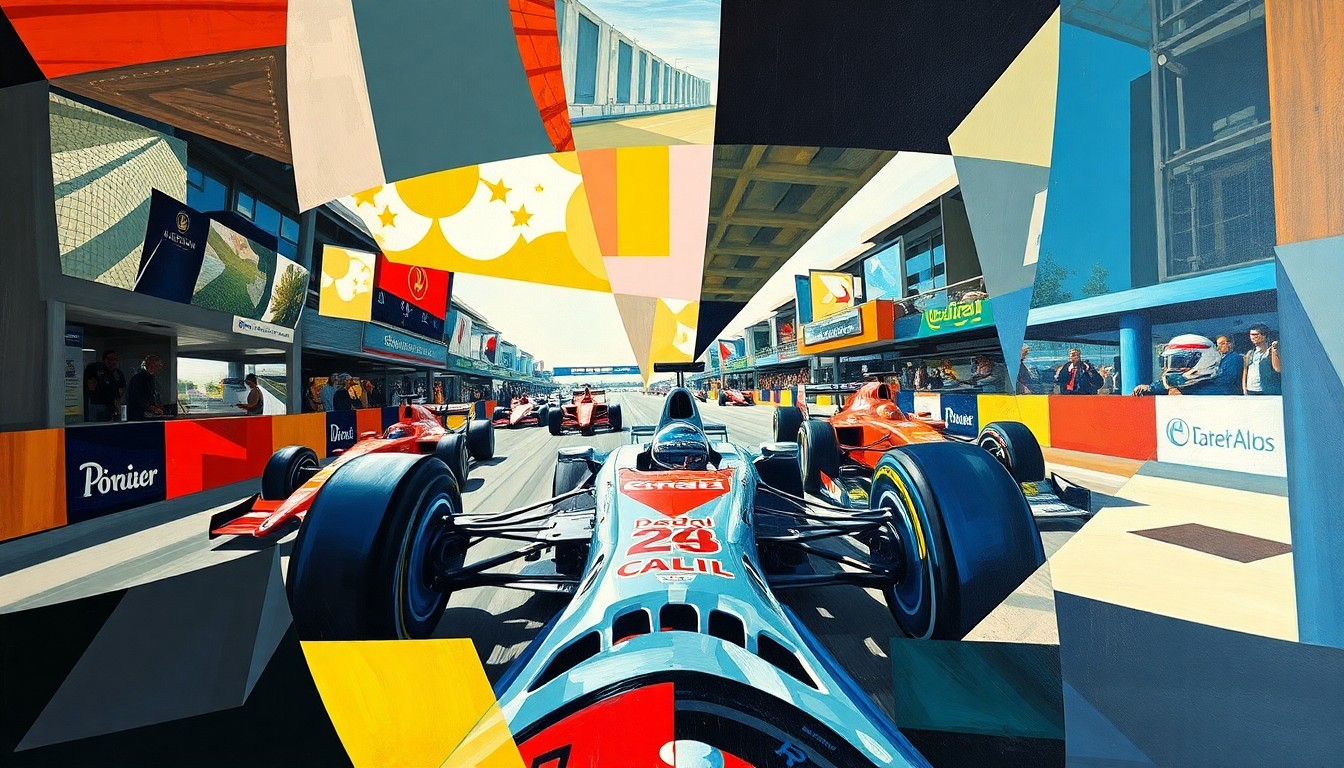 A cubist, geometric painting depicting an abstract F1 race or competition, with sharp, overlapping planes of color and form representing the intricate dynamics of team leadership in the sport.