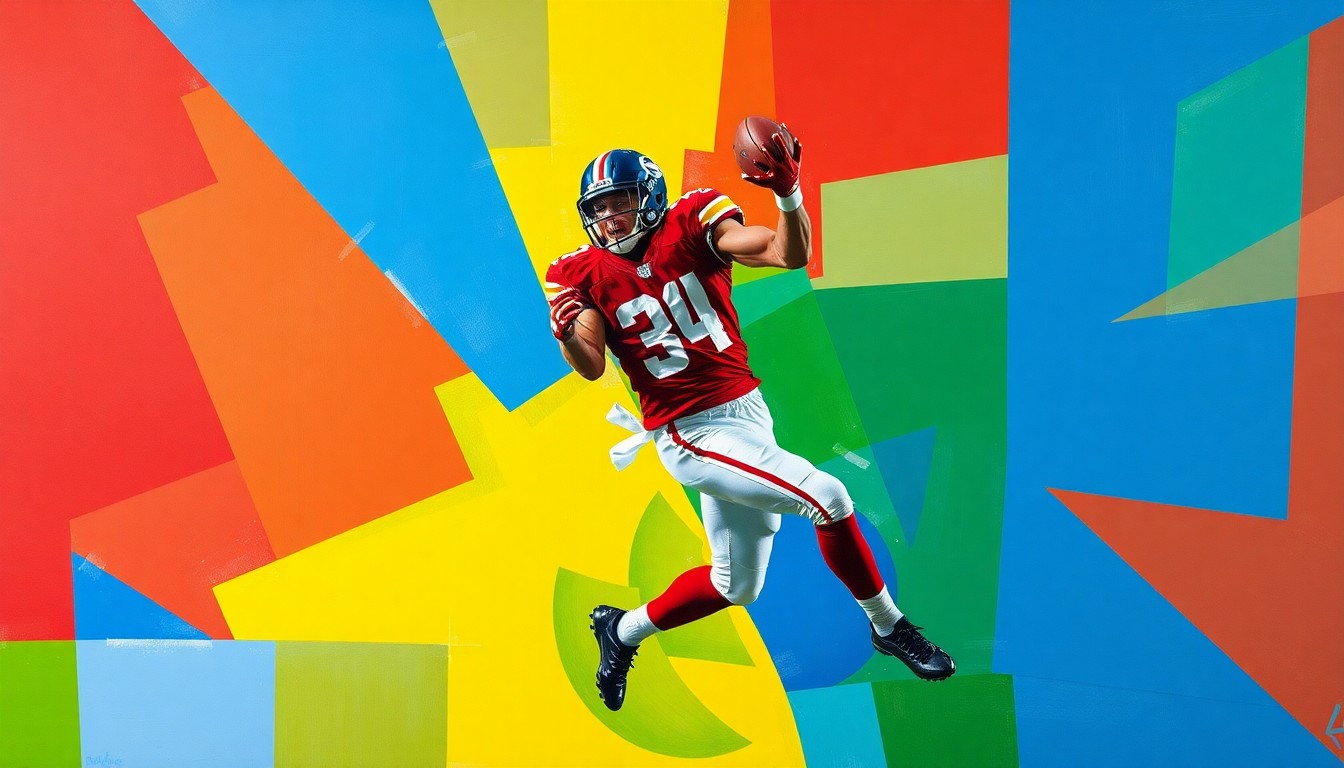 A fragmented, geometric painting depicting a football player in mid-catch, the scene broken down into sharp, overlapping planes of vivid colors, capturing the dynamic energy of the sport.