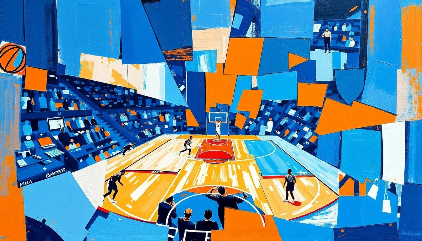 A cubist-style painting depicting a basketball game broken down into overlapping geometric shapes and planes in shades of blue, orange, and white, conveying the dynamic energy and multi-faceted nature of the sport.