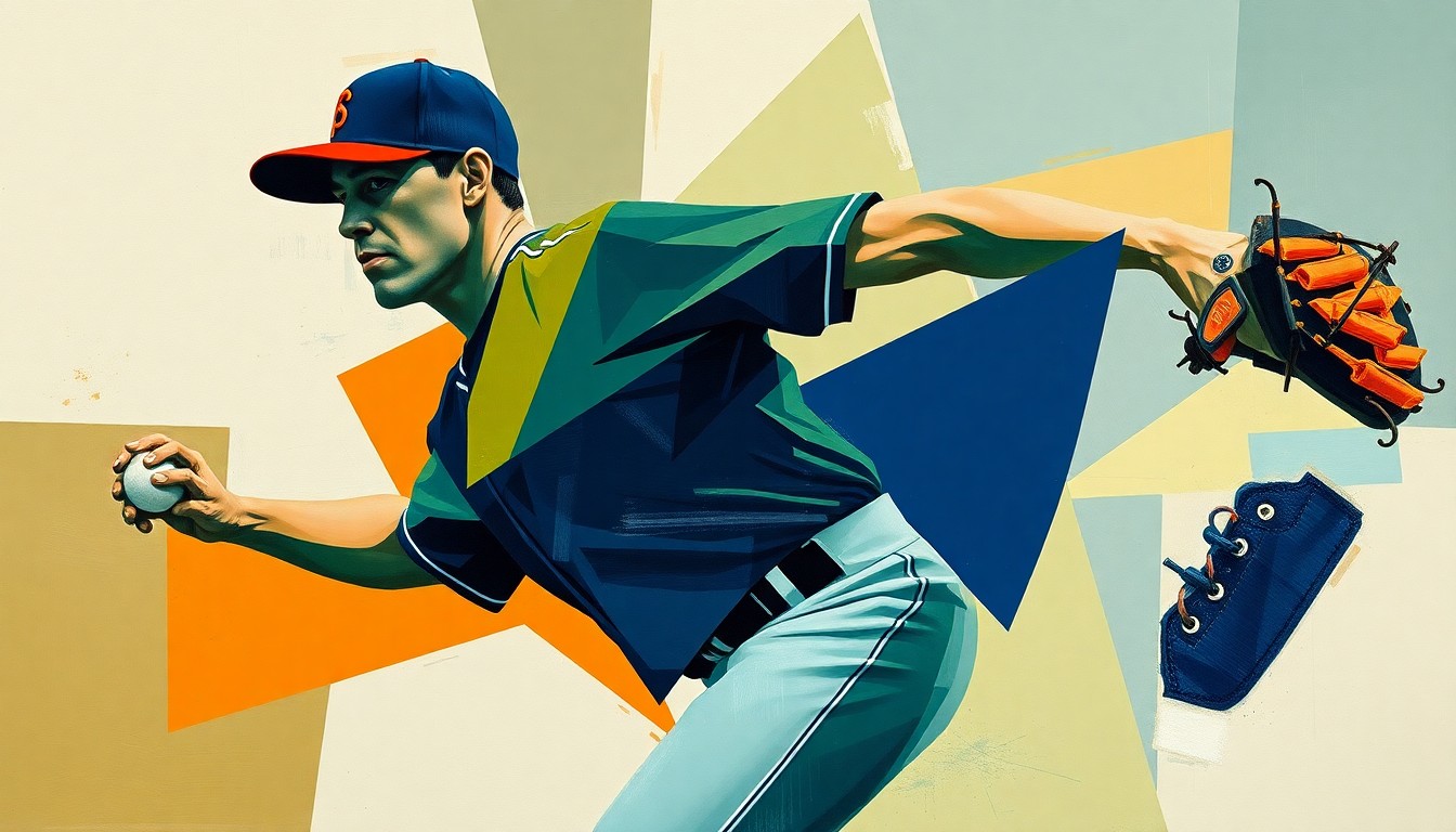 A fragmented, geometric painting in navy, green, and orange hues, capturing the motion of a baseball pitcher in an abstract, cubist style.