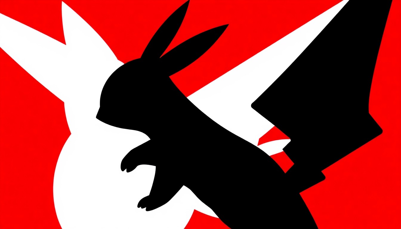 A bold, abstract illustration in the style of Saul Bass, featuring a striking black silhouette of a Pokémon character set against a high-contrast background of vibrant red and white geometric shapes, conceptually representing the excitement and discovery of Pokémon GO's Memories in Motion season.