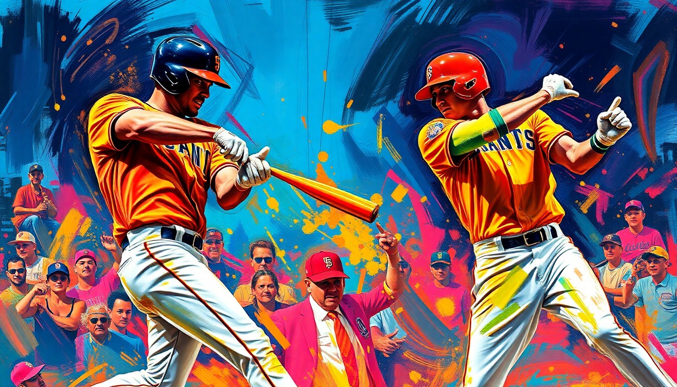 An abstract, expressionist painting featuring vibrant neon brushstrokes and dynamic, overlapping shapes that capture the powerful, energetic movements of baseball players hitting homeruns, conceptually representing the Giants' offensive resurgence.