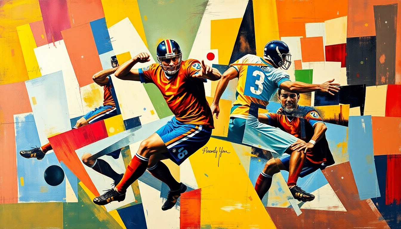 A cubist, geometric painting depicting a football player's movements broken down into overlapping planes of color and shape, conceptually representing the personal growth and athletic performance in Paxton Lynch's story.