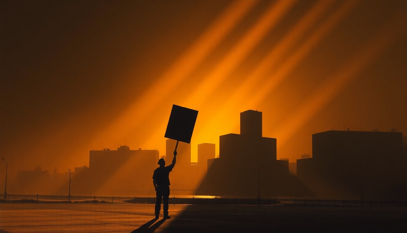 A cinematic painting depicting a solitary protester holding a sign in the foreground, with the Tampa skyline visible in the background, all bathed in warm, diagonal sunlight and deep shadows, conceptually representing the protest against U.S. ceasefire negotiations with Iran.