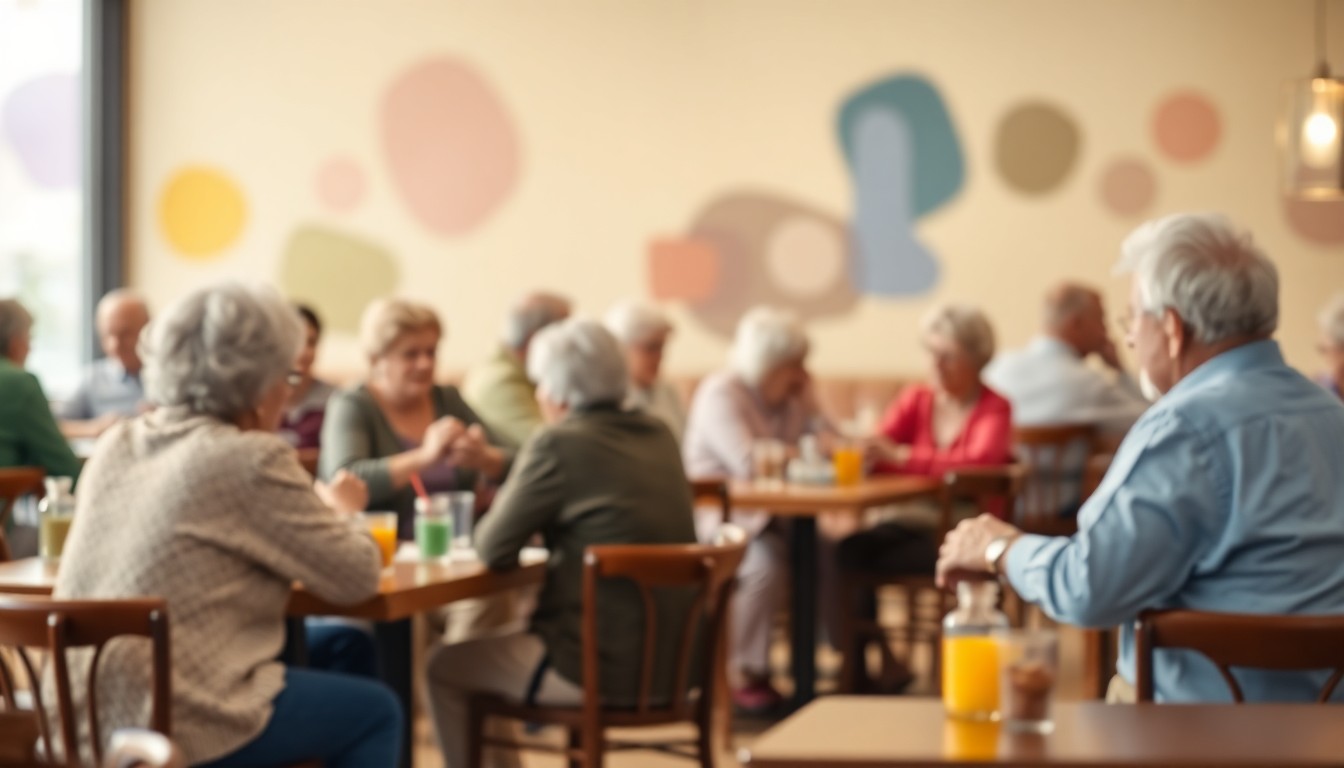 A softly focused, abstract photograph depicting a group of seniors engaged in conversation and activities at a community center, with the background blurred into warm, colorful shapes.