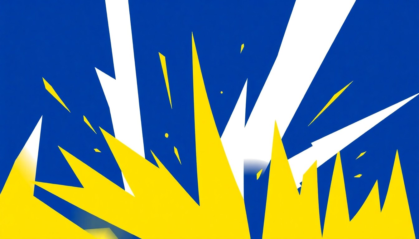 An abstract, minimalist illustration featuring sharp, angular shapes in deep blue, bright yellow, and stark white, conveying the energy and emotion of a classical music performance.
