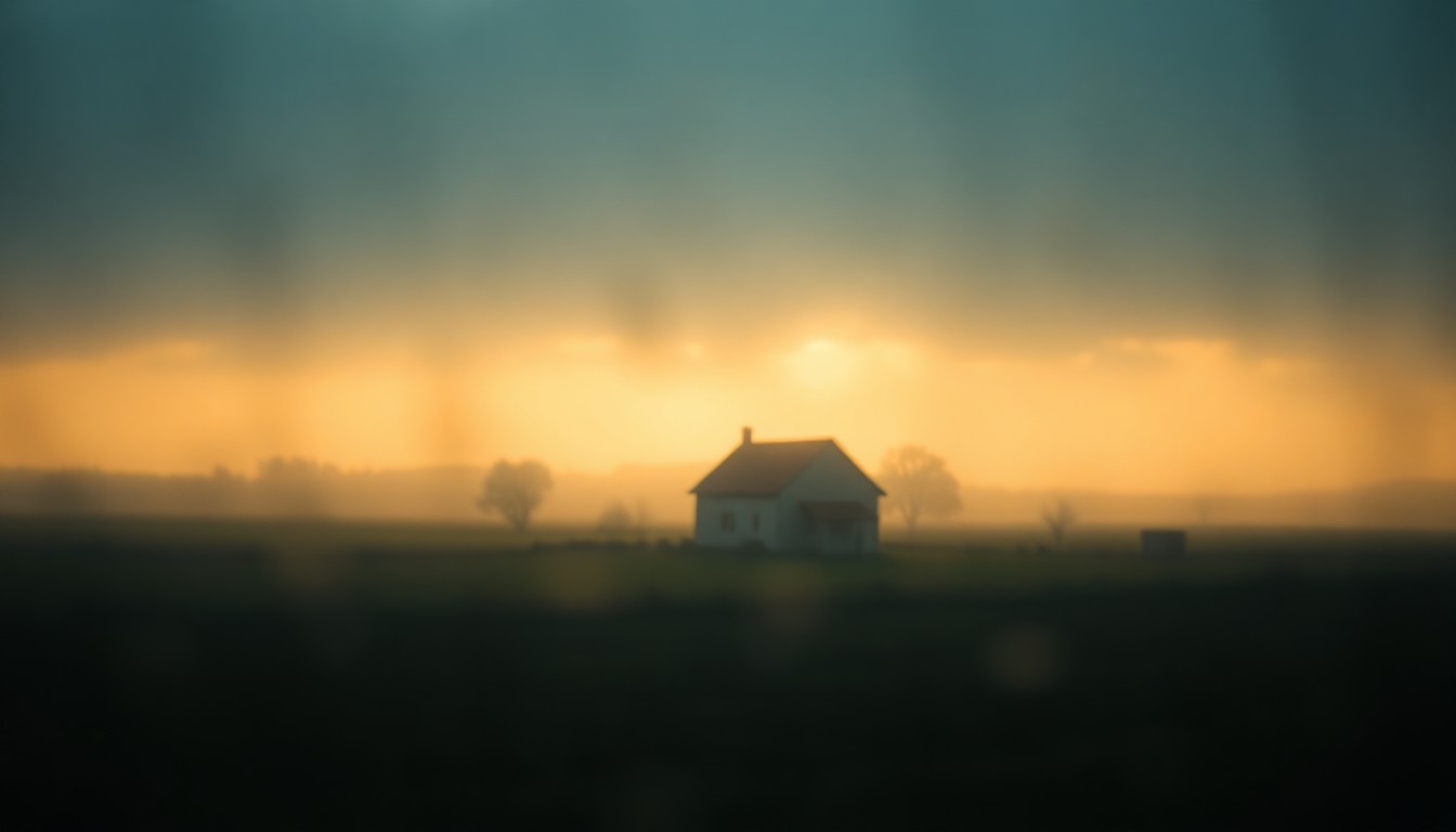 An abstract, impressionistic scene of a dimly lit rural landscape, with a small farmhouse visible in the distance, the entire image softened and obscured by layers of condensation or rain-streaked glass, creating a dreamlike, emotional atmosphere.