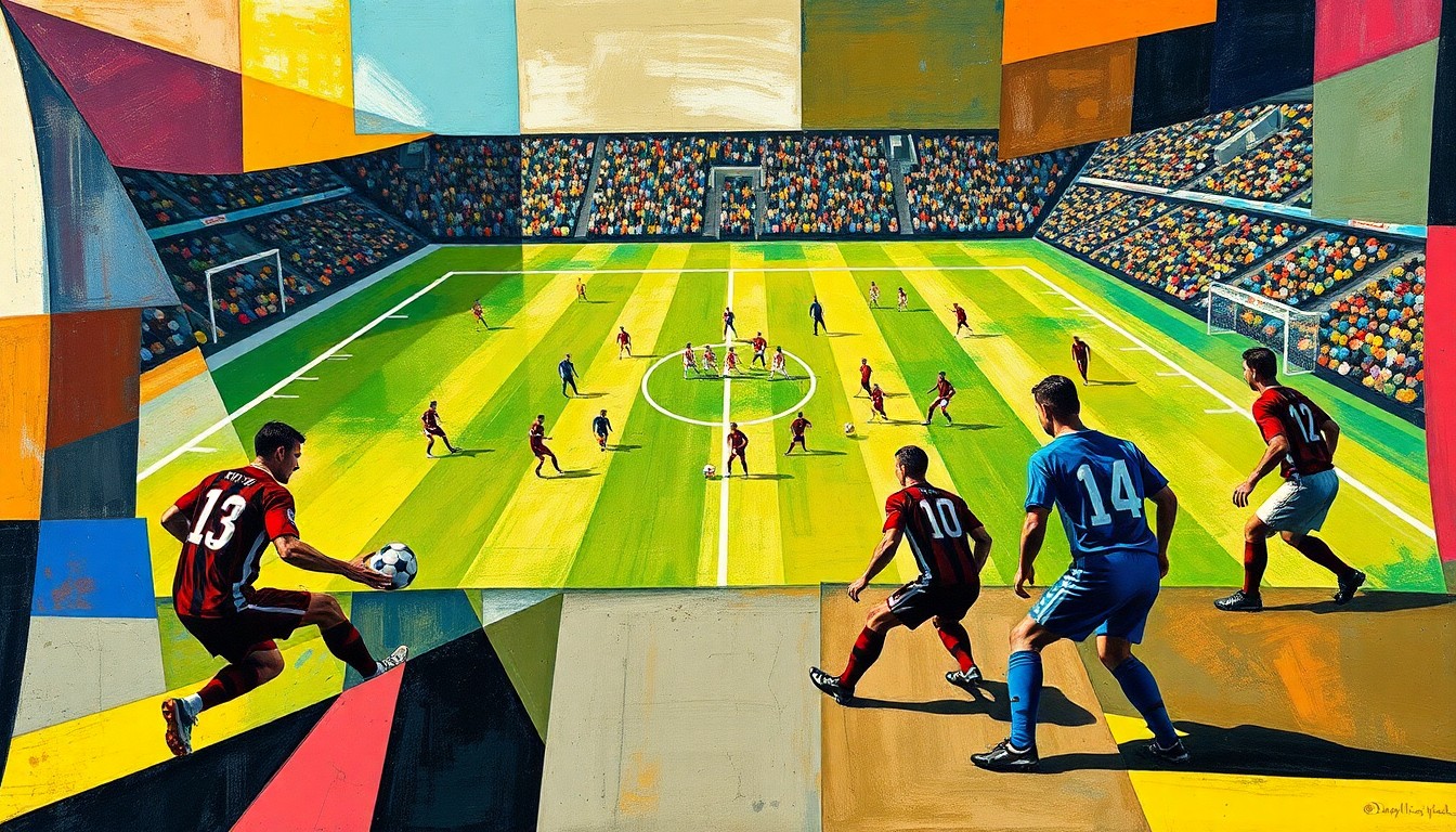 A cubist, geometric painting depicting a football game or match, with the players and field broken down into abstract shapes and planes of color, capturing the fragmented and complex nature of the visa process for international athletes.