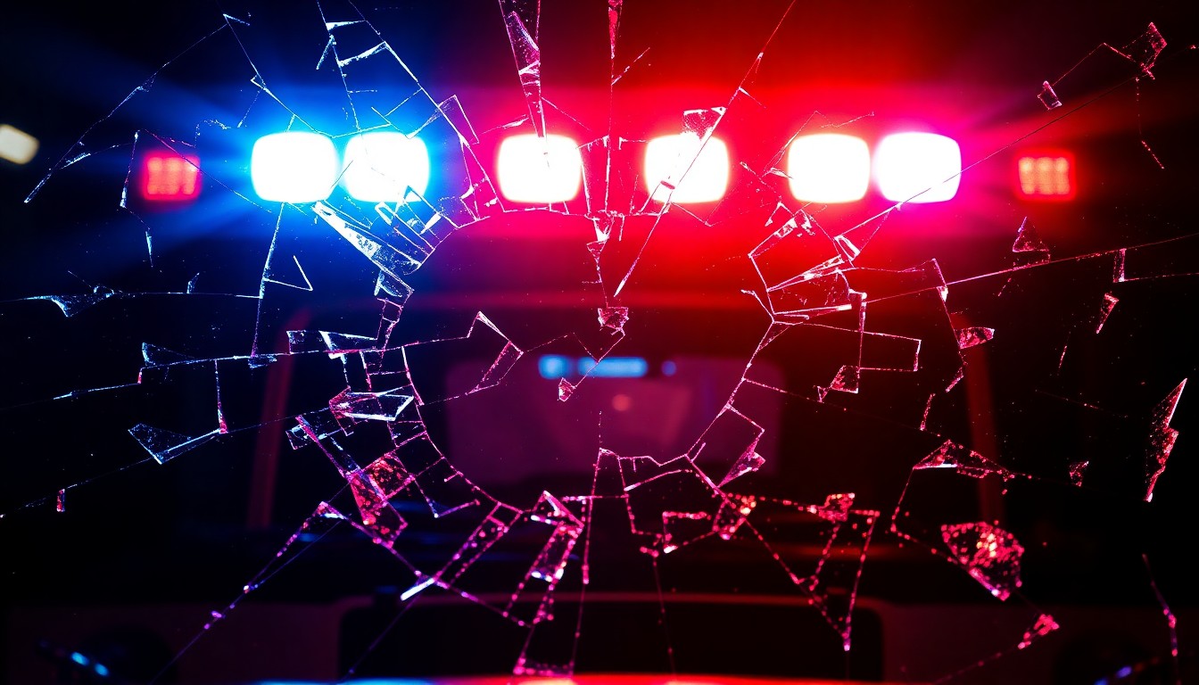 An extreme close-up photograph of a shattered glass windshield reflecting the intense red and blue lights of an emergency vehicle, conceptually representing the frenzied energy and high-stakes action of the 'Ambulance' film.