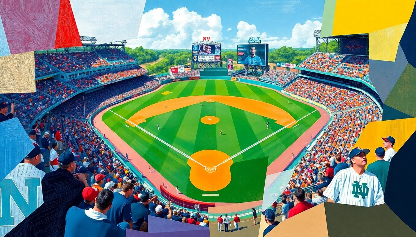 A cubist, geometric painting depicting a college baseball game, with the players and field fractured into sharp, overlapping planes of the team colors of Virginia and Notre Dame.