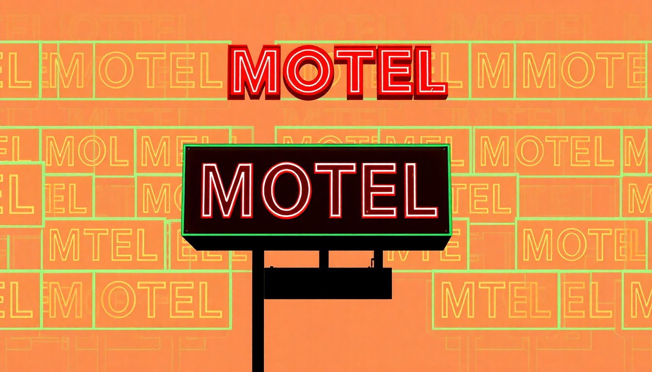 A highly stylized, abstract grid of brightly colored, neon-lit motel signs, conceptually representing the vintage roadside architecture and tourism history of Boulder City.