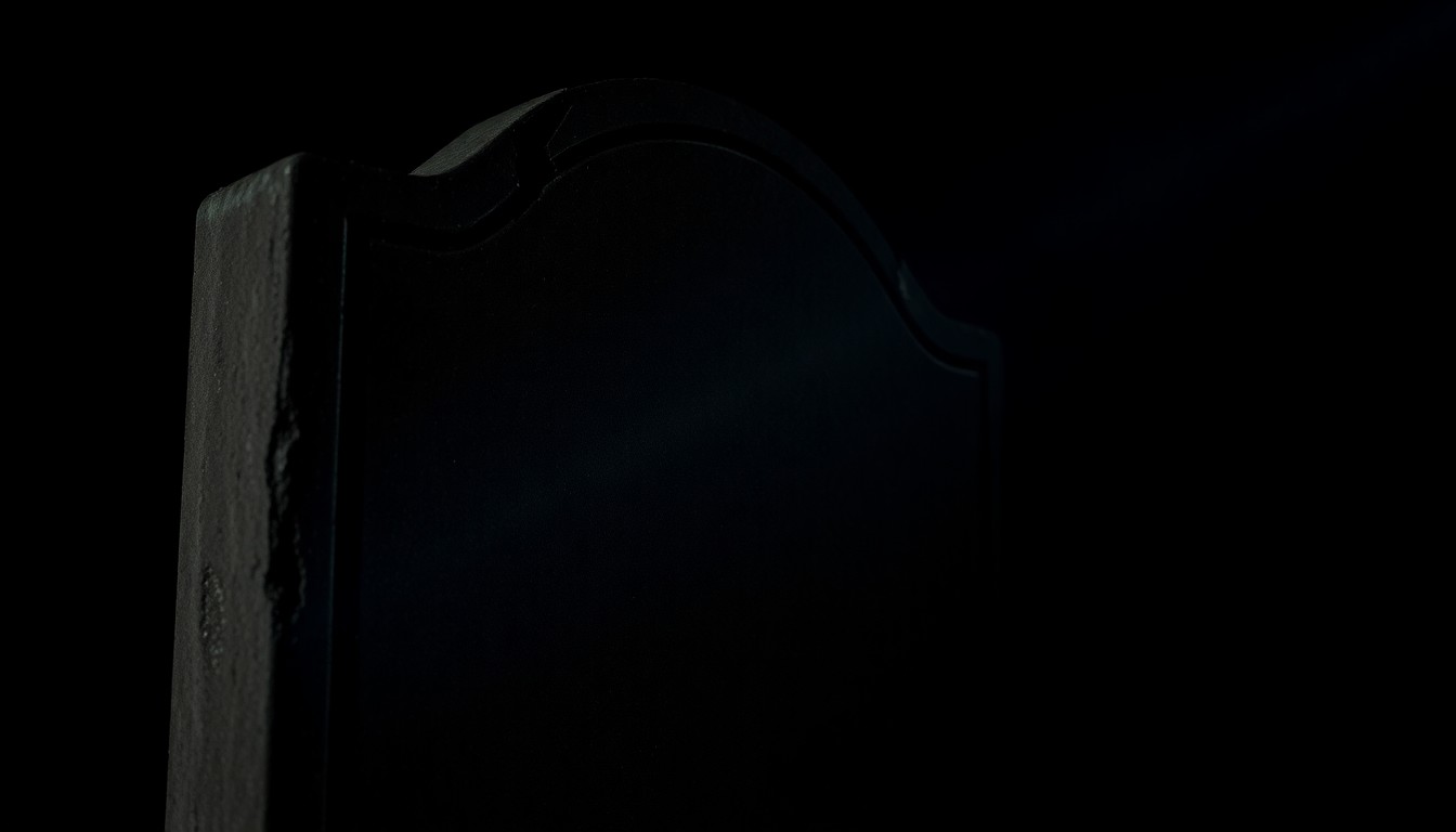 An extreme close-up photograph of a damaged cemetery headstone or memorial marker, the harsh flash lighting creating a stark, gritty, investigative aesthetic that conceptually illustrates the vandalism and theft that have plagued this historic burial ground.