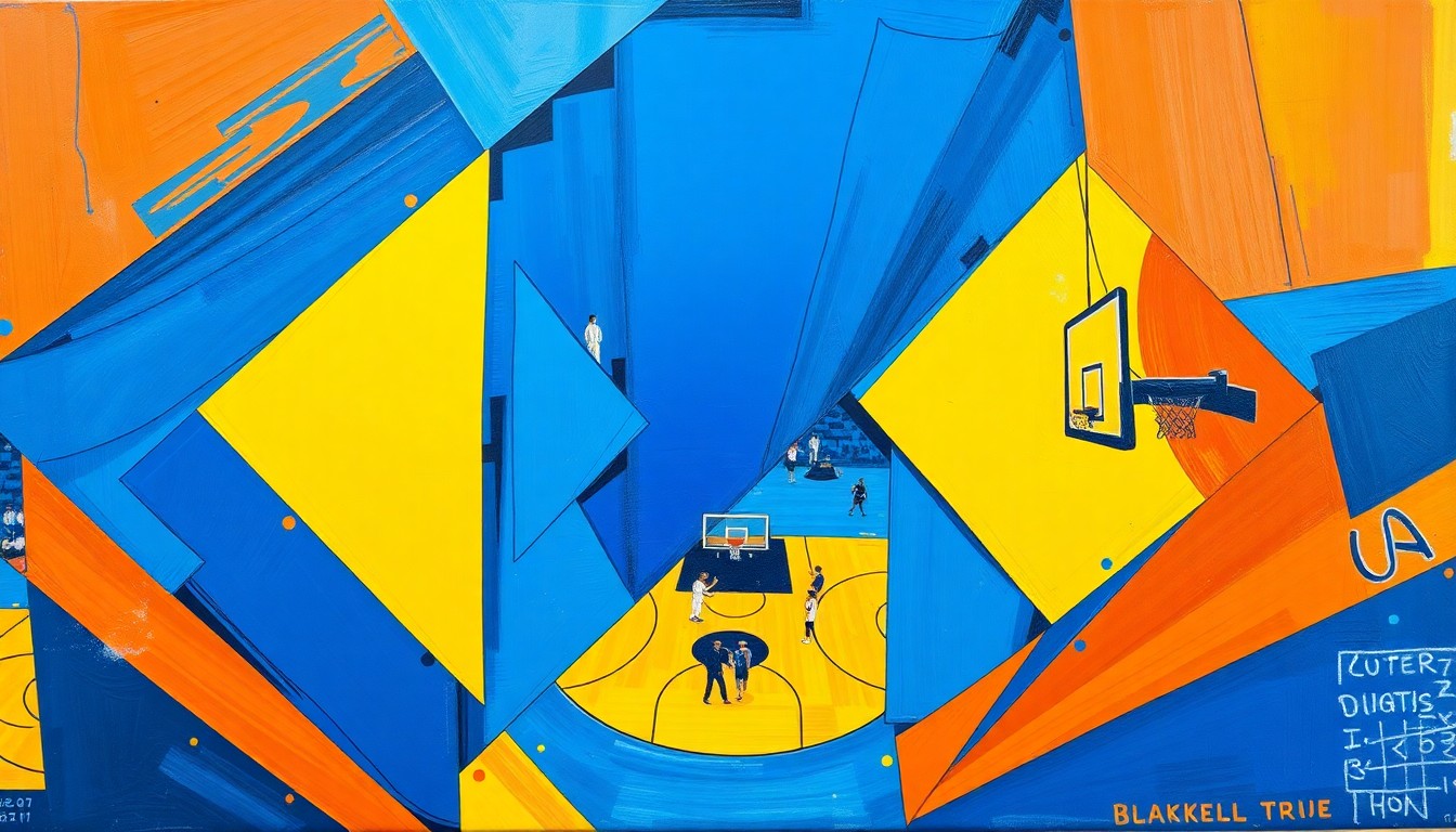 A fragmented, geometric painting depicting a basketball game or match, with sharp planes of vibrant blue, yellow, and orange colors overlapping to create a dynamic, energetic composition.