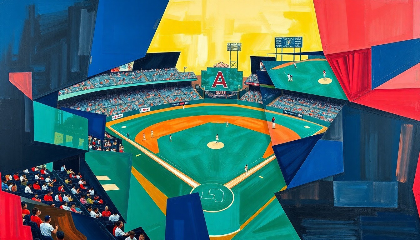 A cubist, geometric painting depicting a fractured baseball infield with overlapping planes of navy, green, and red, conceptually representing the Mariners' strategic approach to building their infield of the future.