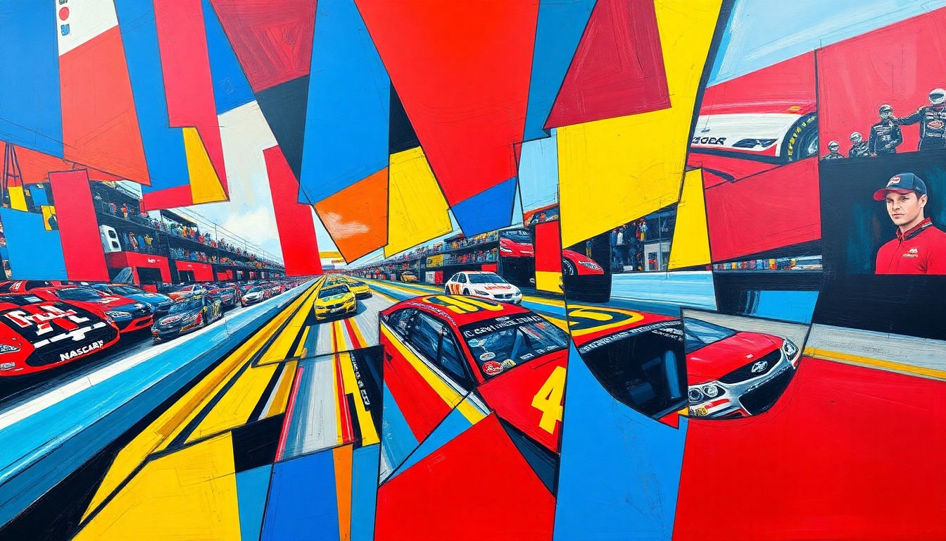 A fractured, geometric painting in vibrant colors depicting the overlapping planes and perspectives of a NASCAR race scene, conveying the speed and intensity of the sport.