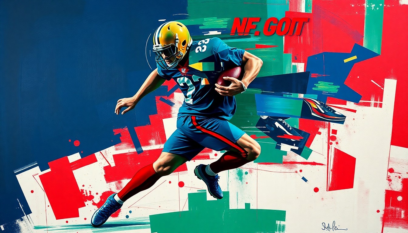 A cubist-style painting depicting a football player in mid-stride, with their body and motion deconstructed into sharp, overlapping geometric planes in a vibrant color palette, conceptually representing the addition of a new dynamic element to the Eagles' offense.