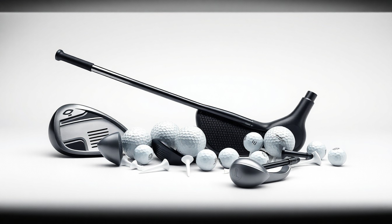 A high-end, photorealistic studio still-life photograph featuring a collection of premium golf equipment and accessories, such as a driver, putter, golf balls, and tees, arranged elegantly on a clean, monochromatic seamless background, conveying a sense of refined sophistication and exclusivity.