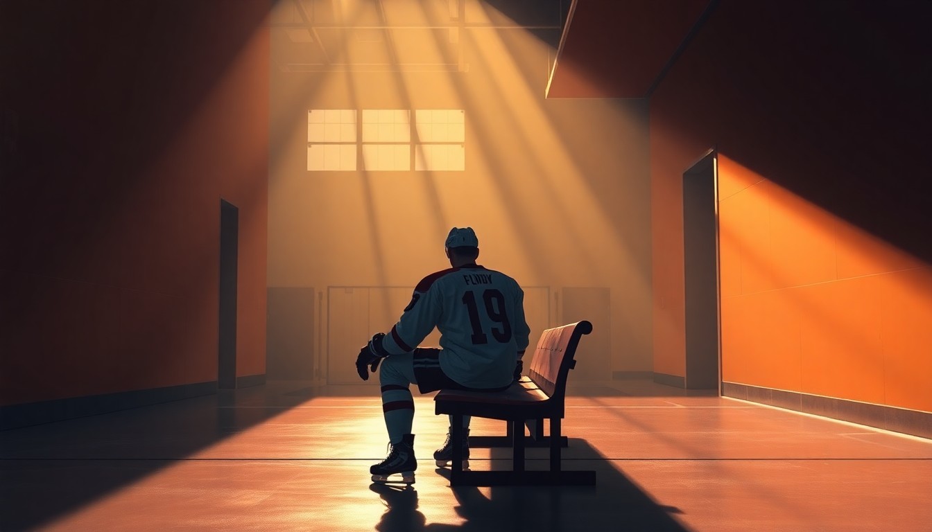 A moody, cinematic painting depicting a lone hockey player in full uniform sitting alone on a bench in an empty stadium hallway, the warm light and deep shadows creating a pensive, introspective mood.