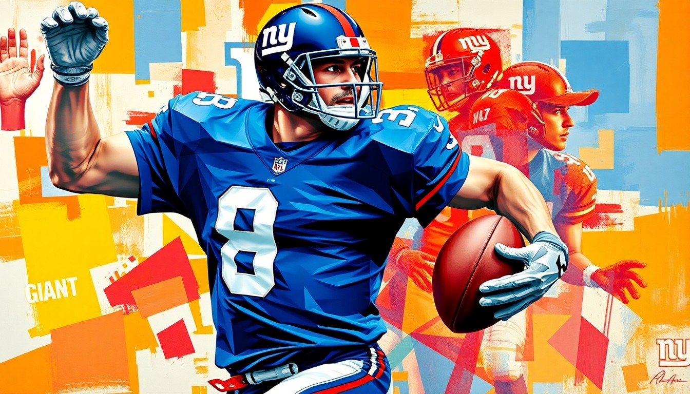 A cubist, geometric illustration depicting a football player's body deconstructed into overlapping planes of blue and red, capturing the raw energy and movement of the sport.