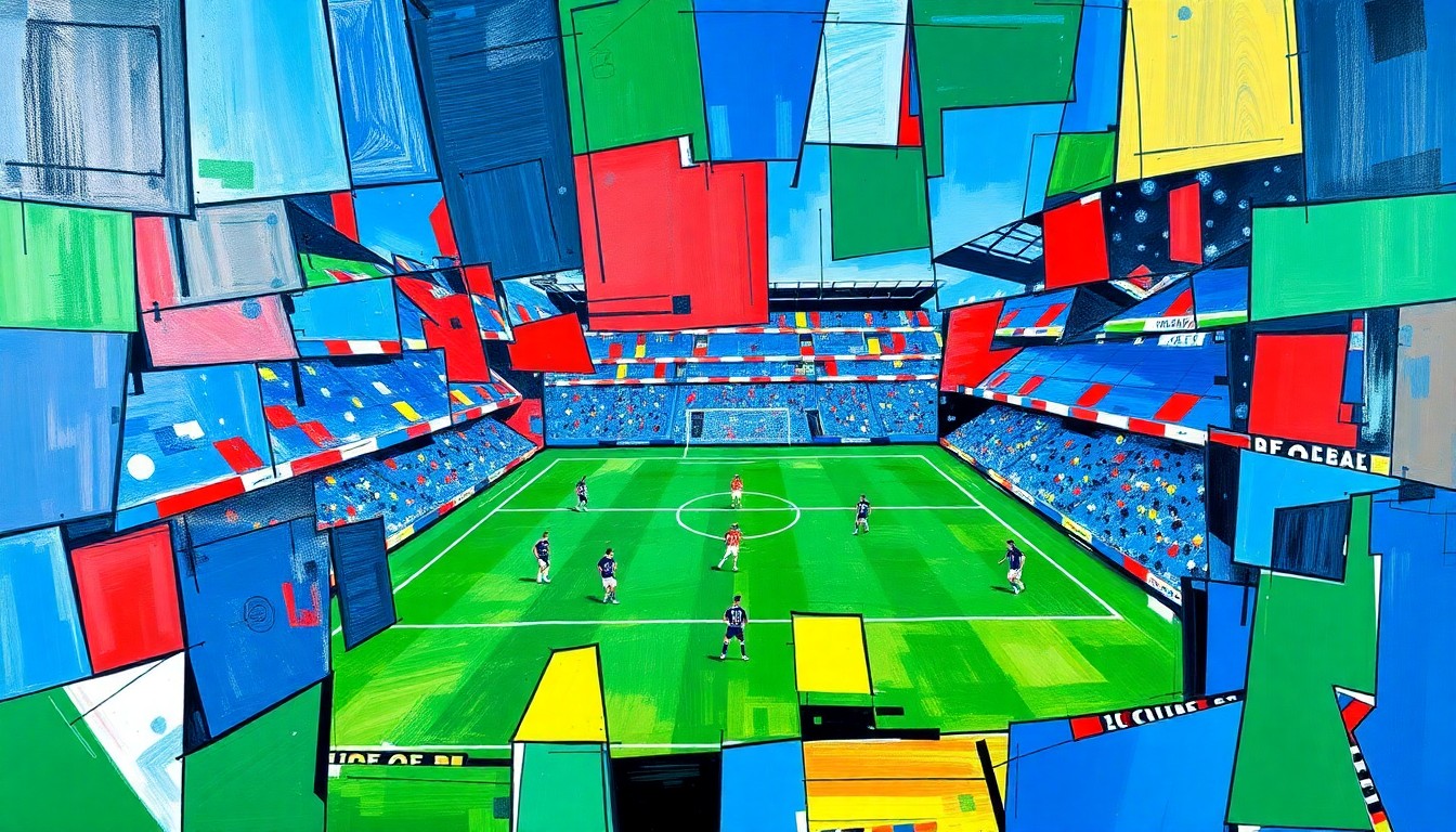 A fractured, geometric painting in vibrant blues, greens, and reds, depicting the dynamic action and energy of a Premier League football match between Chelsea and Brentford.