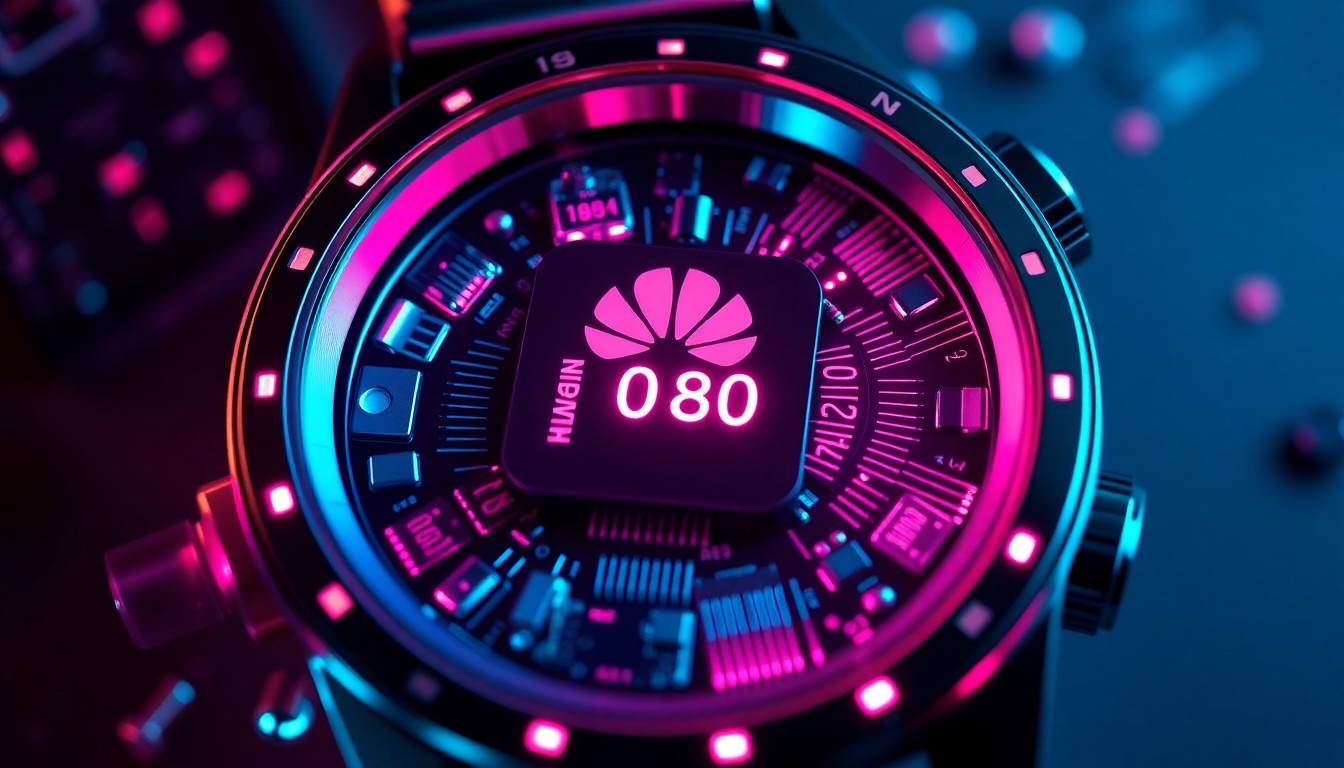 A highly detailed, glowing 3D illustration of the internal components of the Huawei Watch 5, including the Kirin W80 processor, illuminated by vibrant neon lights, conceptually representing the advanced hardware and software powering the smartwatch.