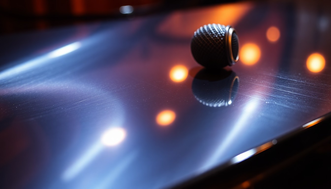 An extreme close-up photograph of a highly reflective, glossy surface with dramatic lighting, capturing the luxurious textures and high-end aesthetic of a recording studio or performance stage, conceptually representing the glamour and artistry of Peter Asher's music industry legacy.