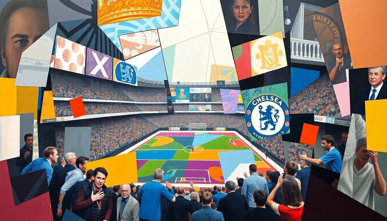 A cubist-style painting depicting a Premier League soccer match between Manchester City and Chelsea, with the players and field broken down into sharp, overlapping geometric shapes and planes, capturing the intensity and dynamism of the game.