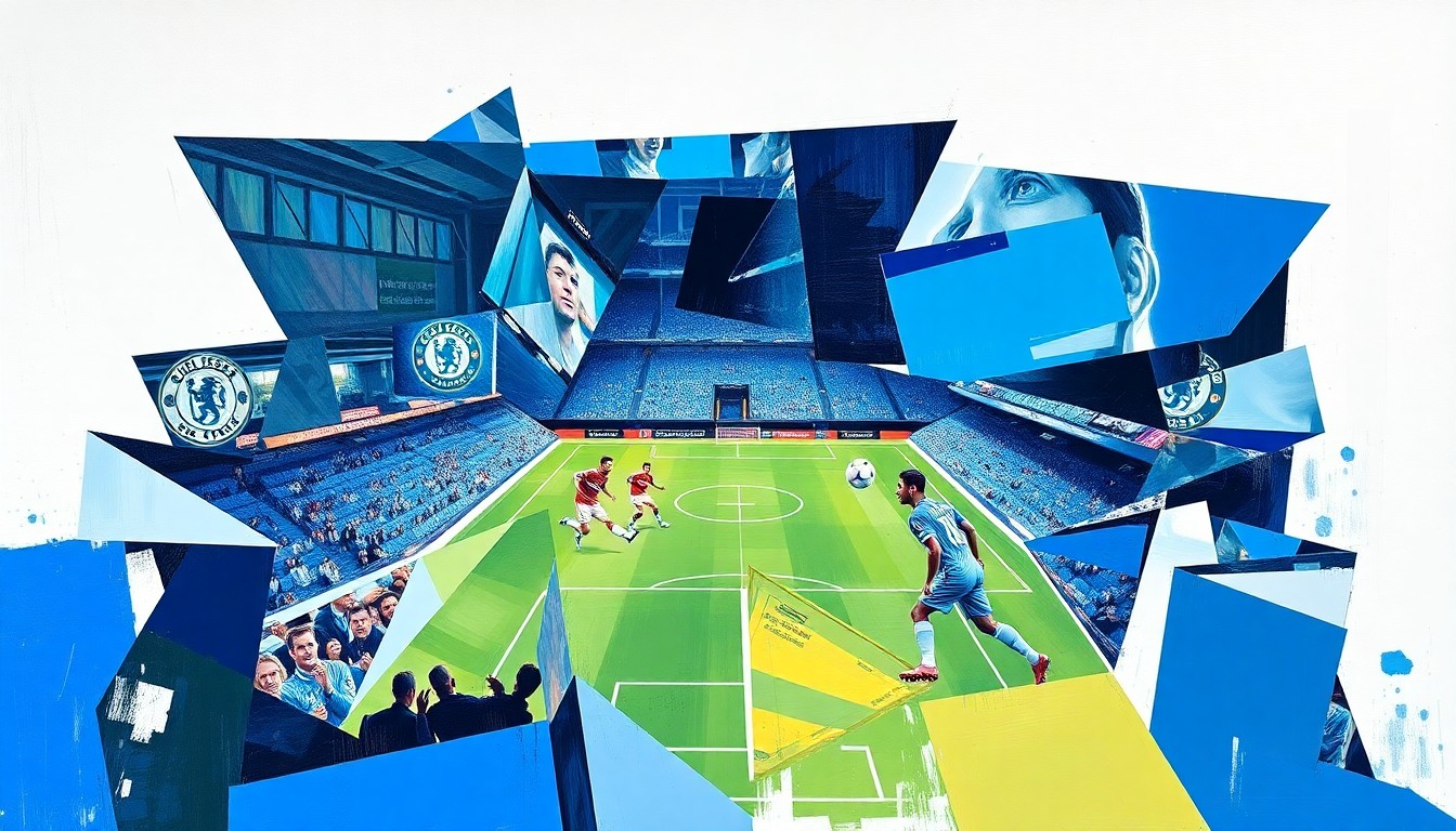 A fragmented, geometric painting depicting a soccer match, with overlapping planes of color and shape representing the complex dynamics at play when a player returns to their former club.